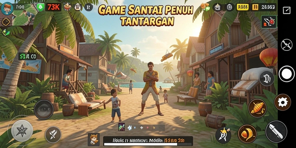 Tampilan gameplay 73K yang penuh warna dan interaktif.