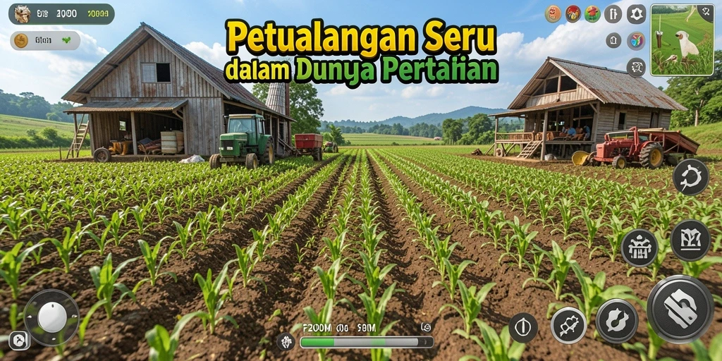 Screenshot F200M menampilkan ladang hijau yang subur dan hewan ternak yang bahagia.