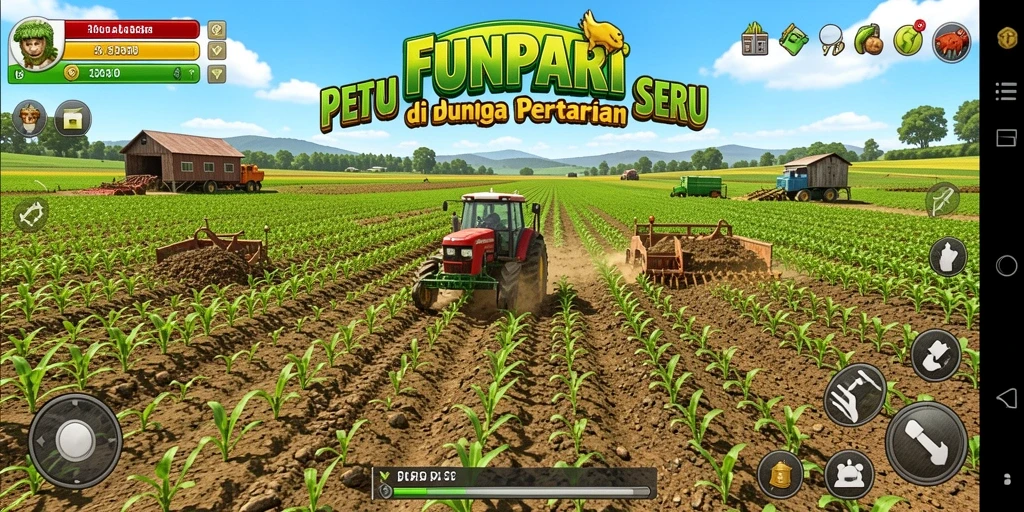 Screenshot utama menunjukkan gameplay pertanian yang mengasyikkan dan penuh warna.