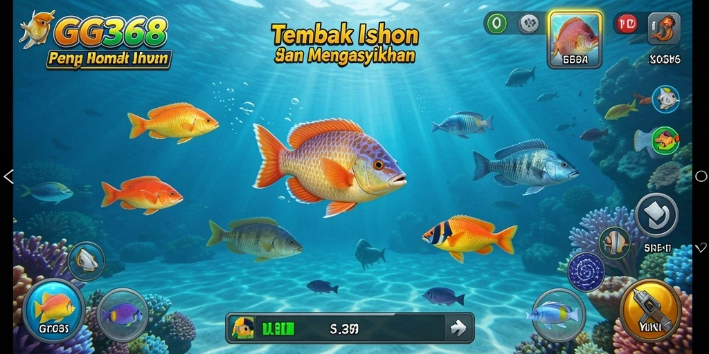 Tangkapan layar menunjukkan gameplay seru dari GG368 dengan ikan yang beragam.