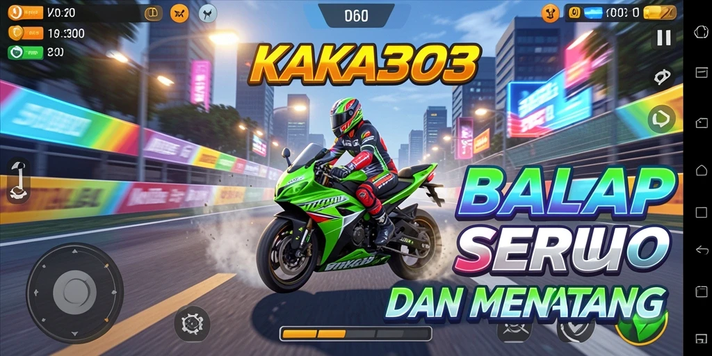 Tampilan gameplay seru KAKA303 dengan balapan motor yang mendebarkan.