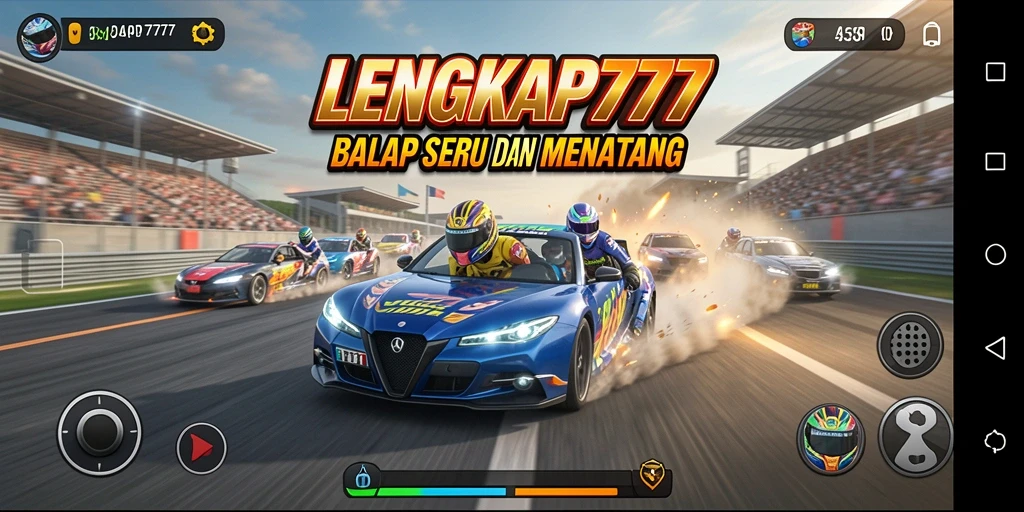 Gameplay LENGKAP777 dengan mobil balap yang melaju kencang.
