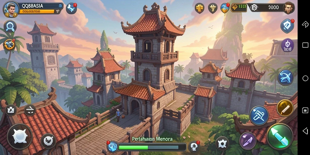 Screenshot gameplay QQ88ASIA menampilkan aksi pertahanan menara yang mendebarkan.