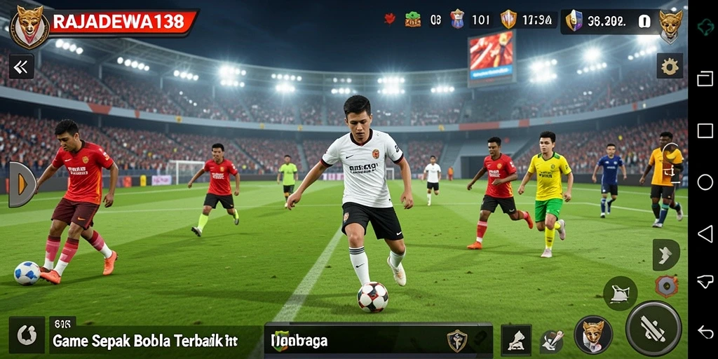 Screenshot gameplay RAJADEWA138 menunjukkan momen seru pertandingan sepak bola.